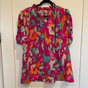 Beautiful Pink, Orange and Blue Puff Sleeve Blouse. Size 2X